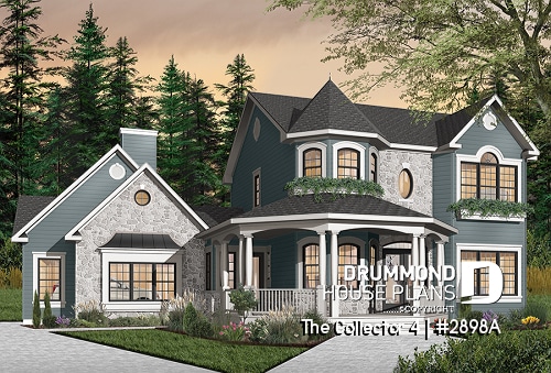 front - BASE MODEL - 4 to 5 bedrooms Victorian two-story home plan, large bonus space, master suite on main floor, 2-car garage - The Collector 4