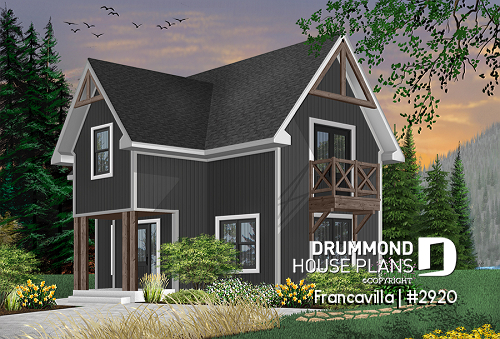 Color version 1 - Front - Modern rustic cottage plan with 3 bedrooms, large central fireplace, laundry room on second floor - Francavilla