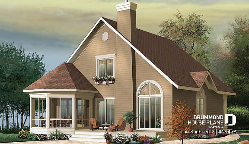 Rear view - BASE MODEL - Country style cottage plan with a screened in porch, 3 bedrooms, 2 baths, cathedral ceiling & mezzanine - The Sunburst 2