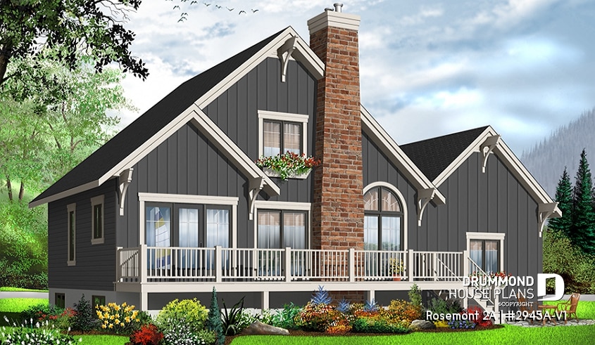Rear view - BASE MODEL - Rustic country cottage home plan with garage, 3 bedrooms, fireplace, mezzanine, cathedral ceiling - Sunburst 4