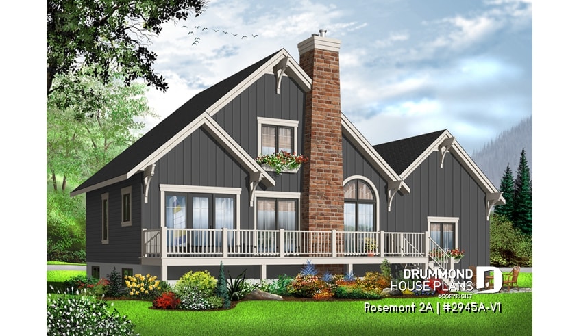 Rear view - BASE MODEL - Rustic country cottage home plan with garage, 3 bedrooms, fireplace, mezzanine, cathedral ceiling - Sunburst 4
