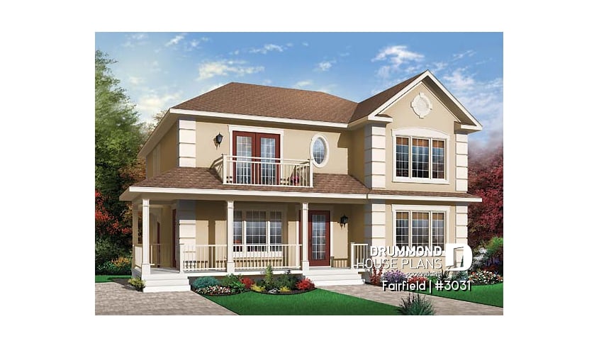 front - BASE MODEL - Duplex house plan with 3 bedrooms and laundry closet on each unit and a rear balcony.  - Fairfield