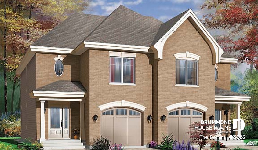 front - BASE MODEL - Duplex house plan with 3 bedrooms and garage, on each unit. - Gemini