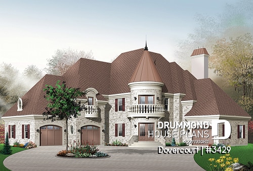 front - BASE MODEL - Somptuous 3-car garage, 3 to 4 bedrooms house plan, 2.5 baths, home office, fireplace - Dovercourt