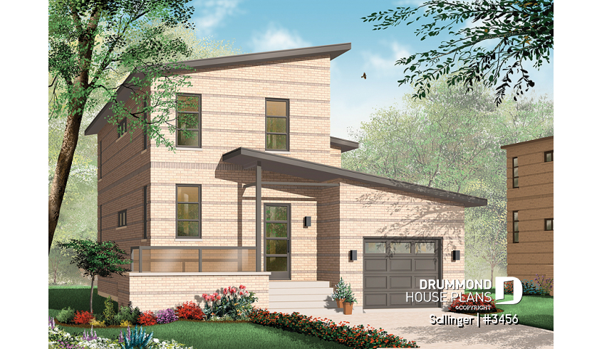 front - BASE MODEL - Striking 2 bedroom contemporary house plan with garage, large family room with fireplace - Sallinger