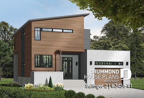 front - BASE MODEL - Striking 3 bedroom contemporary house plan with home office, open floor plan with fireplace and garage - Sallinger 2