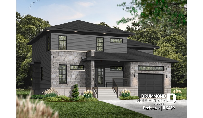 Color version 2 - Front - 3 to 4 Modern house plan with garage, 2 family rooms, home office, fireplace, open floor plan - Parkview