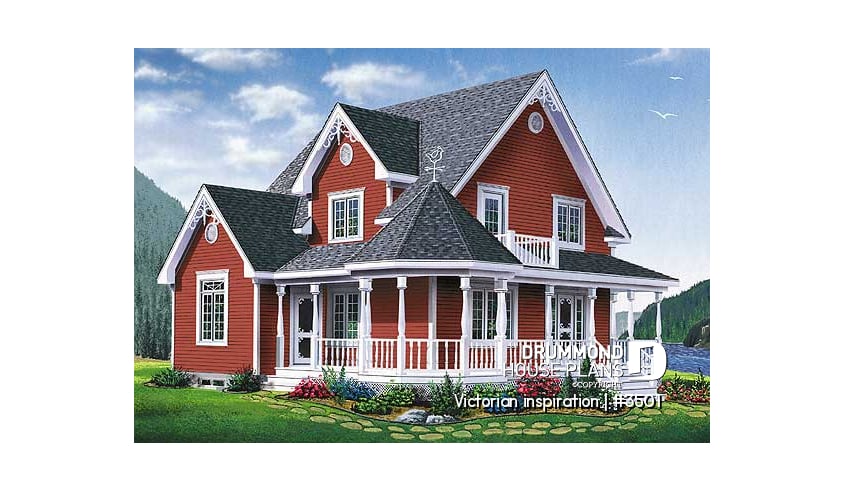 front - BASE MODEL - Country style two-story home plan, 3 bedrooms, great porch, laundry room on main floor - Victorian inspiration