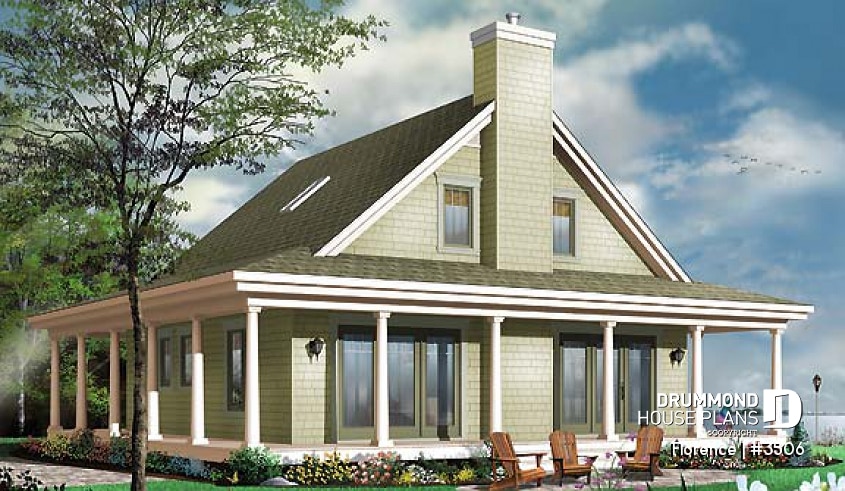 Rear view - BASE MODEL - Country cottage with wrap around porch, open floor plan, centralized fireplace - Florence