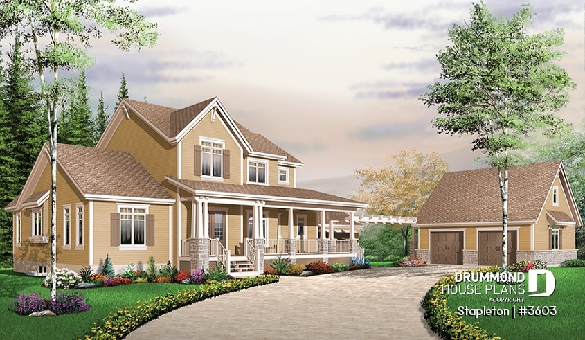 front - BASE MODEL - 4 bedroom farmhouse plan with 4 car garage, front to back covered porch, cathedral ceiling, home office - Stapleton
