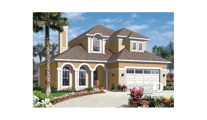 front - BASE MODEL - Spanish style home design, 4 to 5 bedrooms, master suite on main floor - Lana