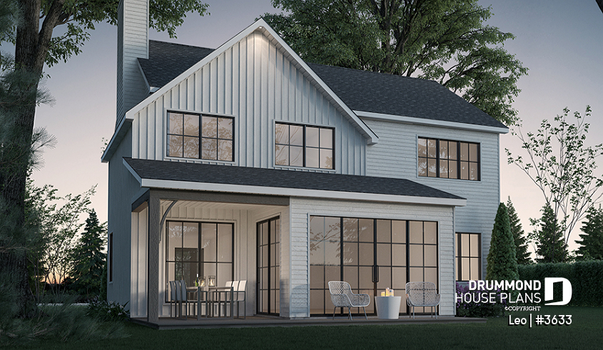 Rear view - BASE MODEL - Farmhouse with 3 beds + den, 2 baths, garage, pantry in kitchen and open floor plan concept - Leo