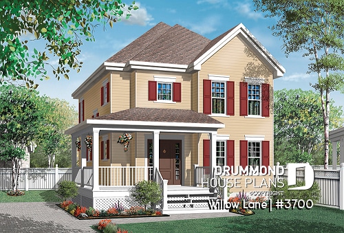 front - BASE MODEL - 2-story traditional home plan with wrap around porch, 3 bedrooms, 2-sided fireplace, kitchen island - Willow Lane