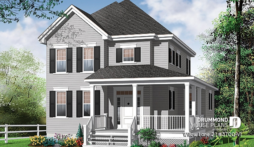 front - BASE MODEL - 2 storey colonial home with 3 bedrooms, home office, wraparound porch, economical house costs  - Willow Lane 2