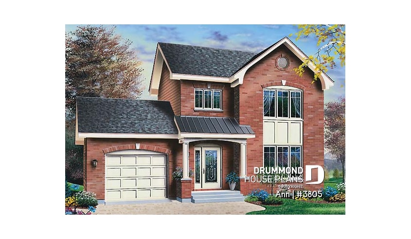 front - BASE MODEL - English inspired house design, 3 bedrooms, breakfast nook, master bedroom with walk-in, one-car garage - Ann