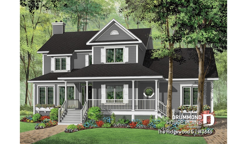 front - BASE MODEL - Country style house plan, 3 to 4 bedroom, 2 large home offices, sunroom, large bonus room - The Ridgewood 5