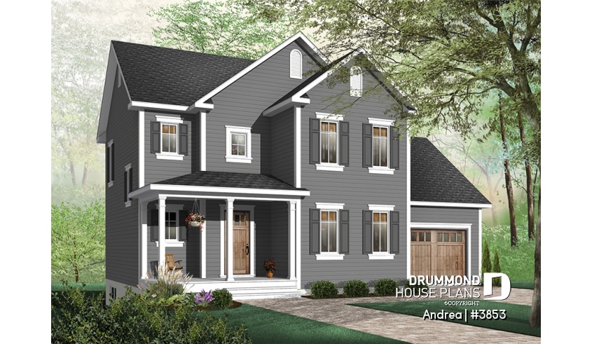 Color version 2 - Front - Small, simple two-storey home plan, three bedrooms, large kitchen, laundry room on main floor, garage - Andrea