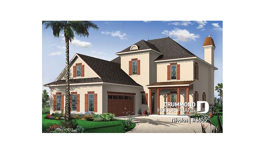 front - BASE MODEL - Mediterranean style house plan, 4 bedrooms, 3-car garage, master suite with private balcony - Nikolas