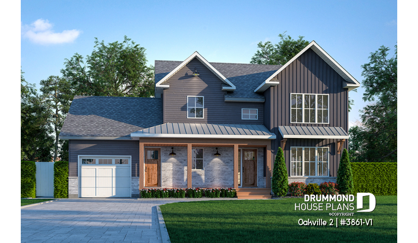 front - BASE MODEL - 2-Storey 3 bedroom Farmhouse home design with garage, den, kitchen with large island and pantry - Oakville 2