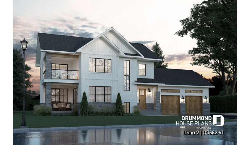 front - BASE MODEL - Modern farmhouse with garage, 4 bedrooms, home theater, office and 3 front balconies - Liana 2