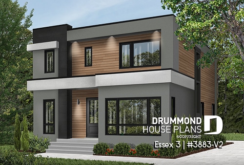front - BASE MODEL - Contemporary Modern home design, 3 bedrooms, pantry & kitchen island, home office, laundry room on main - Essex 3