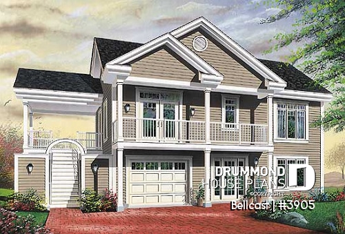 front - BASE MODEL - Reverse floor plan waterfront chalet house plan with 3 to 4 bedrooms, open floor  plan  layout on second floor - Bellcast