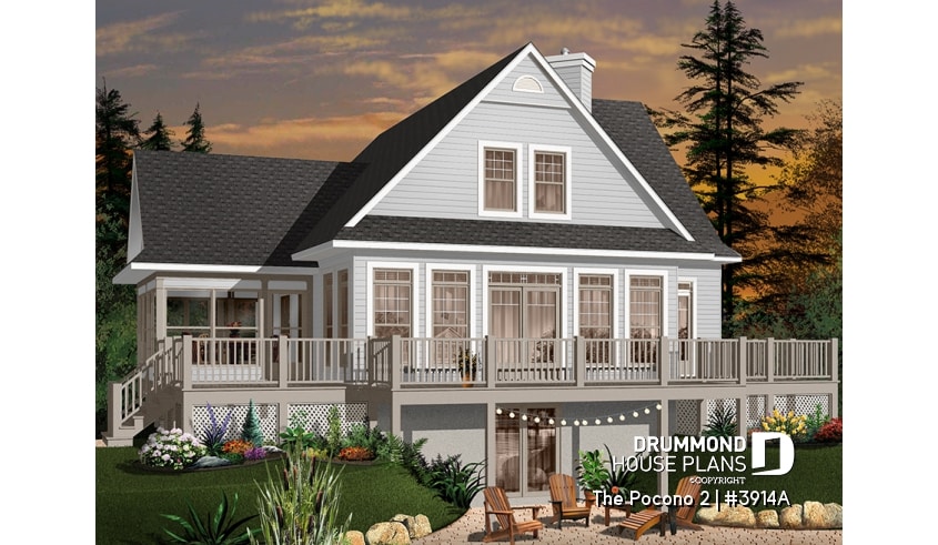 Color version 4 - Rear - Open floor plan lakefront cottage house plan with large deck, master and living with fireplace - The Pocono 2