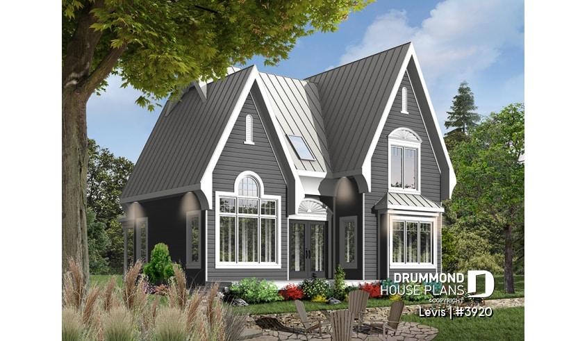 Color version 2 - Rear - Tudor house plan with master bedroom on main floor, total 3 beds and 2 baths, cathedral ceiling - Gothic