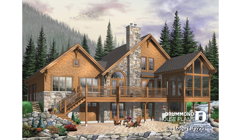 Rear view - BASE MODEL - Mountain style 5 bedrooms cottage plan, 2 master suites, open concept, cathedral ceiling, walkout basement - The Lodge