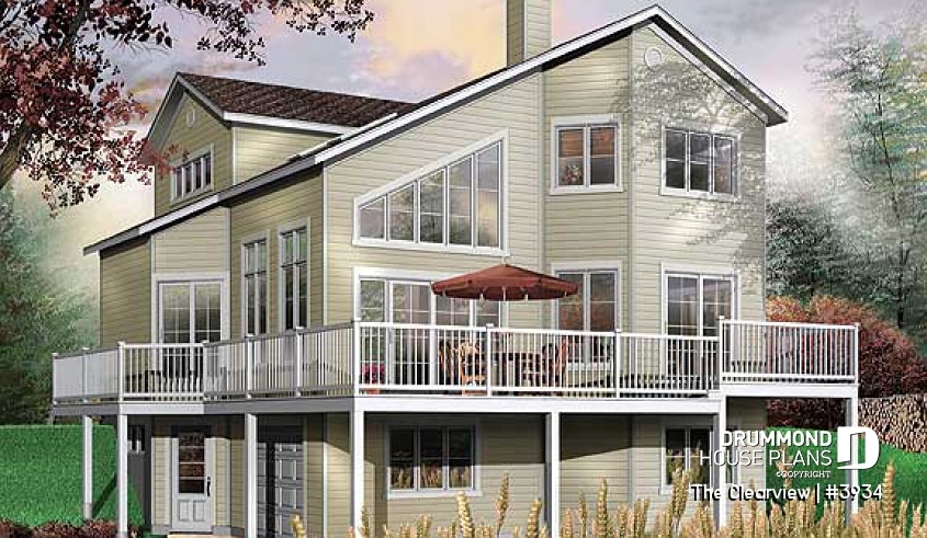 Rear view - BASE MODEL - Beach house plan with large deck, cape hatteras style, mezzanine,  open floor plan, garage, fireplace - The Clearview