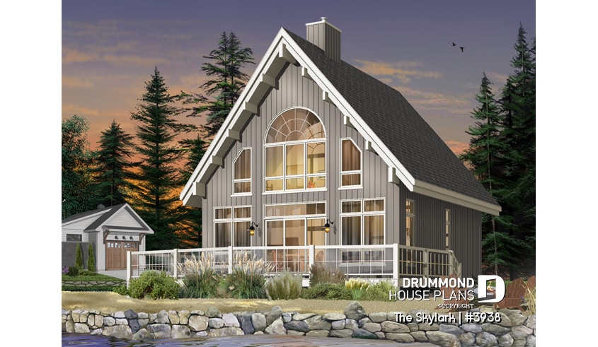 Color version 7 - Rear - A-Frame wood cabin house plan with 3 beds, 2 baths, mezzanine and open floor plan layout - The Skylark
