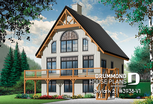 Color version 1 - Front - 3 to 5 bedroom Rustic A-Frame house plan, open living dining, fireplace, mezzanine & large terrace - Skylark 2