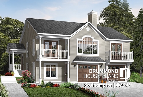 front - BASE MODEL - Panoramic 4 bedroom lakefront or mountain house plan, reverse floor plans, 2-car garage - Southampton
