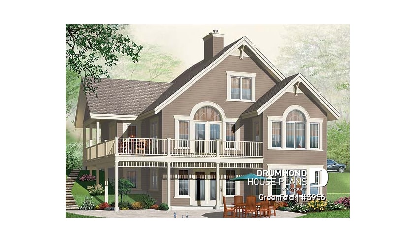 Rear view - BASE MODEL - Panoramic 3 to 6 bedroom chalet style house plan with open floor plan, fireplace, mezzanine - Greenfeld
