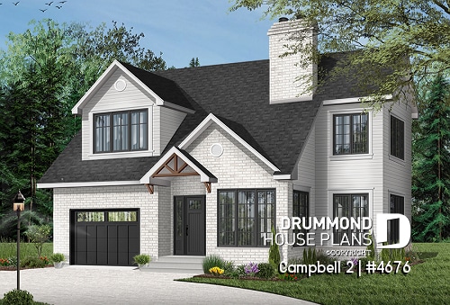 Color version 4 - Front - 2-storey house plan, garage, narrow lot, master suite, 3 to 4 bedrooms, 2.5 baths, laundry on second floor - Campbell 2