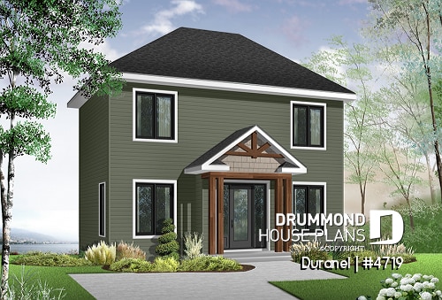 front - BASE MODEL - Low budget 2 bedroom 2-story  house plan, walk-in on each bed, laundry area on second floor, kitchen island - Duranel