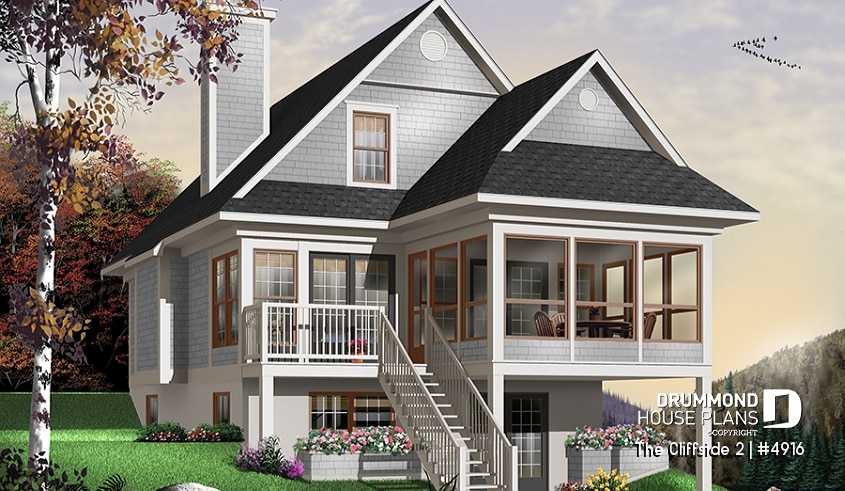 Rear view - BASE MODEL - Great ski chalet with 3 bedrooms, country style cottage design, open floor plan concept and bug free deck - The Cliffside 2