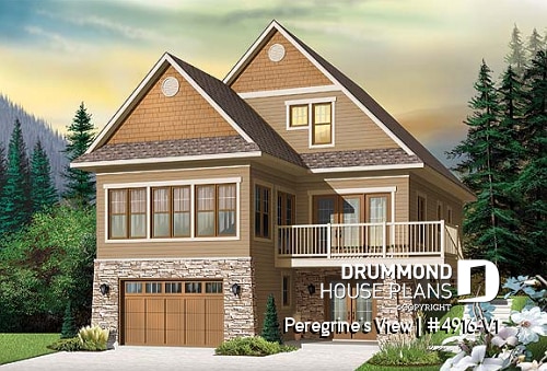 front - BASE MODEL - Lakefront or mountain 4 bedroom home plan, 2 master suites, open floor plan, home office, bonus space, 3 baths - Peregrine's View