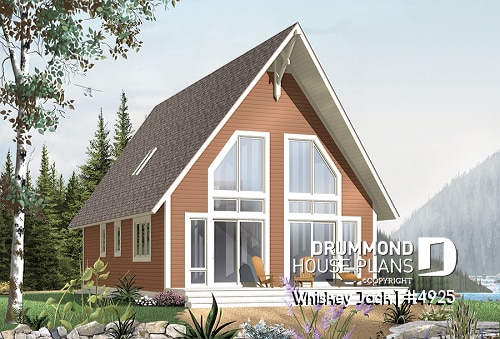 front - BASE MODEL - Traditional A-Frame Rustic cottage house plan, 2 bedrooms + loft, mezzanine and cathedral ceiling  - Whiskey Jack