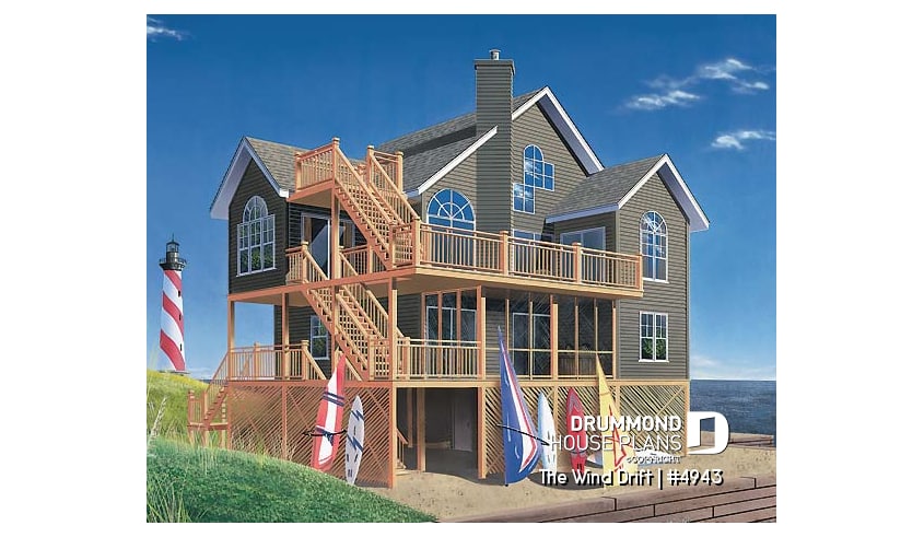 front - BASE MODEL - Cape Hatteras style house plan with 5 bedrooms, 3.5 baths, reverse floor plans, 2 terraces, fireplace - The Wind Drift