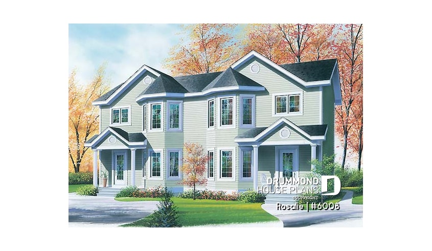 front - BASE MODEL - Victorian inspired duplex plan with 2 to 3 bedroom per unit and large kitchen with pantry - Rosalie