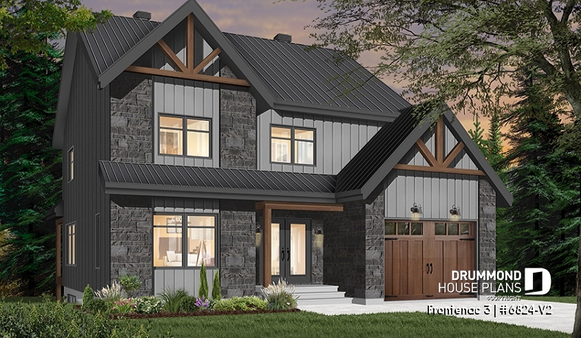Color version 3 - Front - Northwest style house plan with garage, master suite, large kitchen with island & pantry, 3 beds 2.5 baths - Frontenac 3