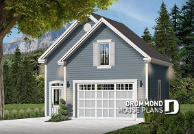 front - BASE MODEL - Large one-car garage plan with storage room above. - The Townside 2