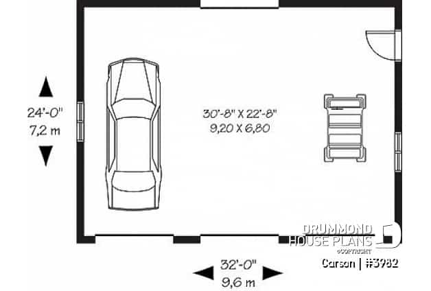 1st level - Simple 3-car garage plan, with garage doors at the front and the back - Carson