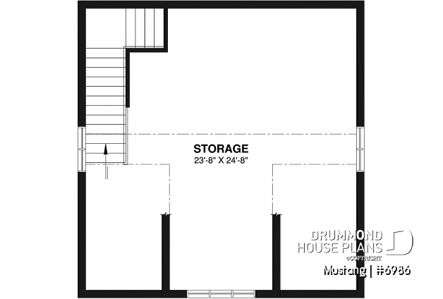 2nd level - Two-car garage plan, country style, storage area on second floor - Mustang
