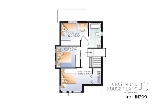 2nd level - Comfortable & small 976 sq.ft. tiny house plan, 3 bedrooms, open floor plan, screened porch on rear balcony - Iris