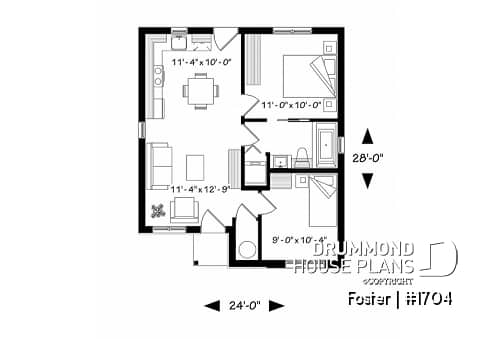 1st level - Small tiny modern home plan, 2 bedrooms, full bathroom, open floor plan, laundry closet - Foster
