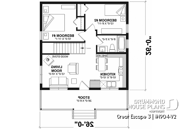 1st level - Small 2 bedroom cabin plan with unfinished basement, large covered front balcony and sloped ceiling - Great Escape 3