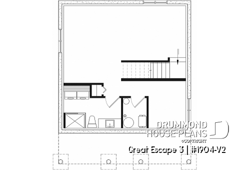 Basement - Small 2 bedroom cabin plan with unfinished basement, large covered front balcony and sloped ceiling - Great Escape 3