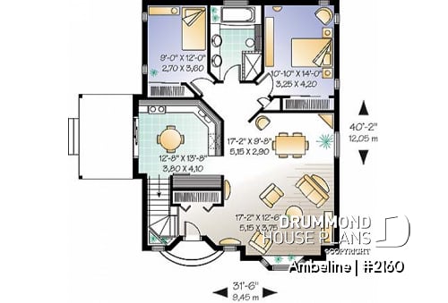 1st level - 2 Bedroom One-Storey economical house plan, eat-in kitchen, side balcony with pergola, cathedral ceiling - Ambeline